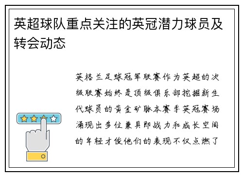英超球队重点关注的英冠潜力球员及转会动态